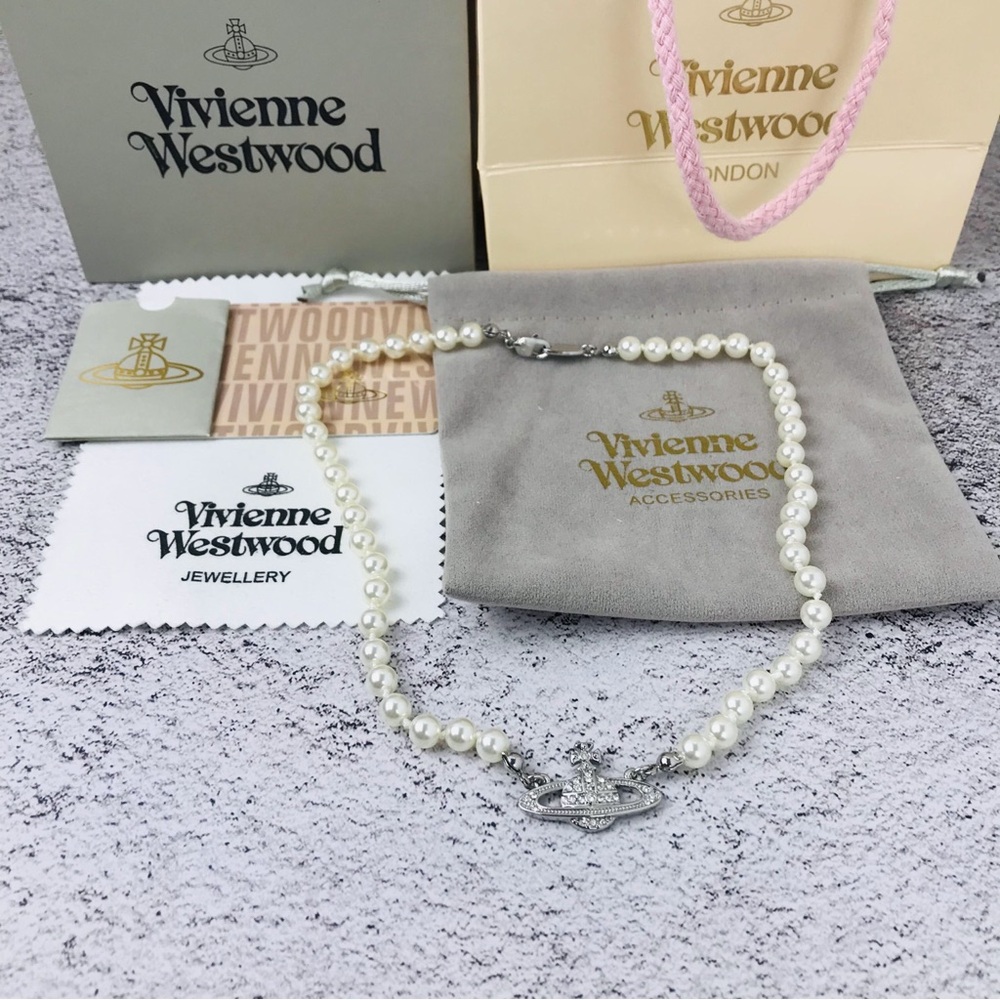 Vivienne Westwood White Pearl Necklace with Silver Orb